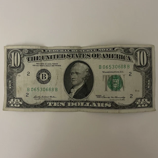 1969 $10 Ten Dollar Bill Federal Reserve Note New York Vintage Old Currency