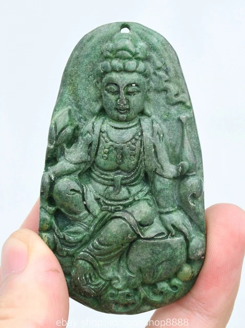 Pendentif Ancien En Jade Vert Royal — Bouddha Rieur Sculpté, Occasion, 66-70 Cm