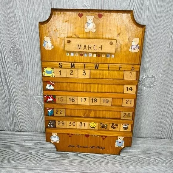 Vintage Wood Hand Made Perpetual Wall Calendar w/ bears and hearts missing parts