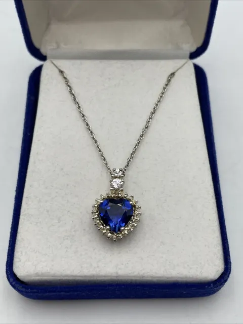 Vintage 1998 "Heart of the Ocean” Sterling Silver Created Sapphire Necklace NIB