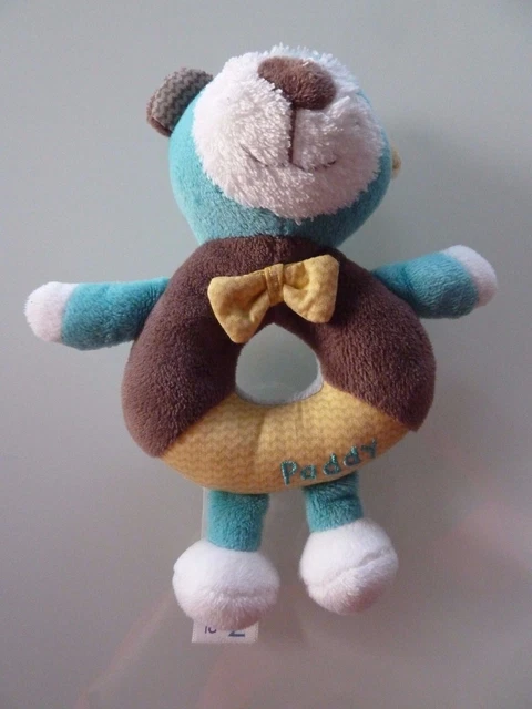 E6- Doudou Hochet Sauthon Ours Paddy Marron Turquoise Vert Grelot Excellent Etat