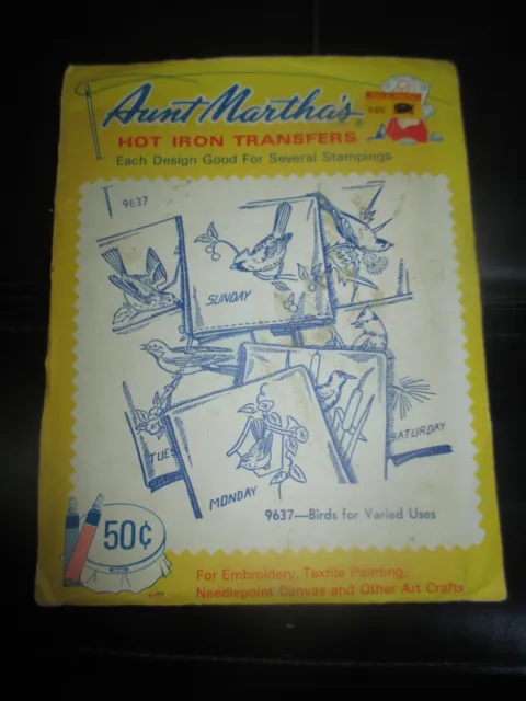 VINTAGE Aunt Martha's IRON-ON Embroidery TRANSFERS - #9637 BIRDS FOR VARIED USES