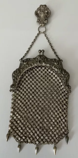 Antique Purse German Silver Art Nouveau Repousse Mesh Bag Rare Chatelaine Clip