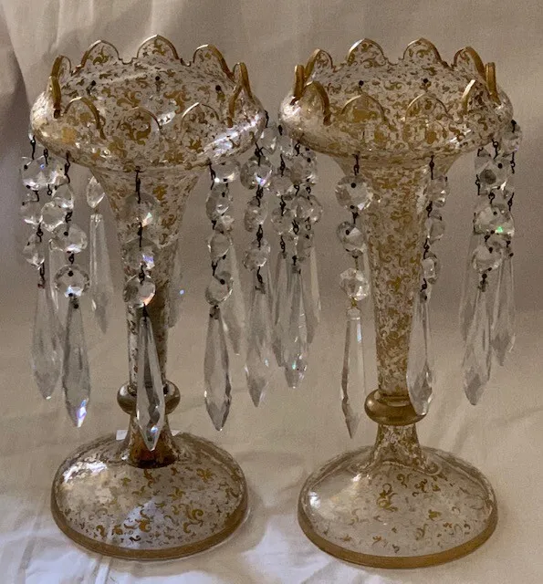 A PAIR OF VICTORIAN CLEAR AND GILT GLASS LUSTRE VASES, mid 19th century.