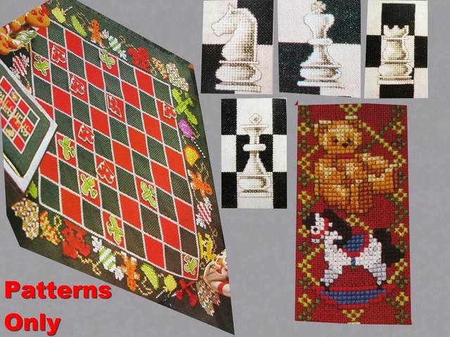 CANDYLAND CHECKERS CHECKMATE Chess Rocking Horse T Bear CROSS STITCH ...