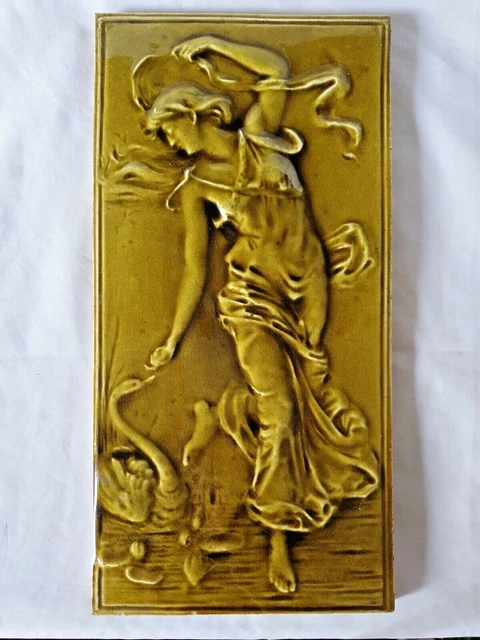 Stunning Large  Antique English  Tile, Maiden With Swan