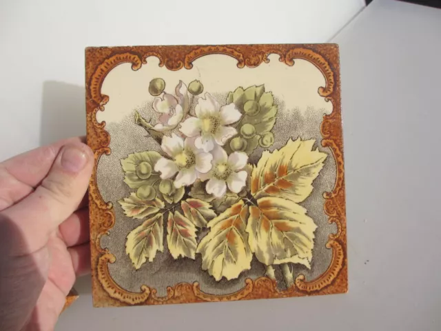 Antique Ceramic Tile Vintage Floral Art Nouveau Flowers Old Leaf
