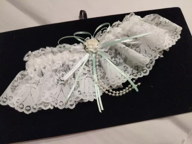 Custom Handmade White Lace Garter Mint Green Ribbon Bride Bridal Wedding