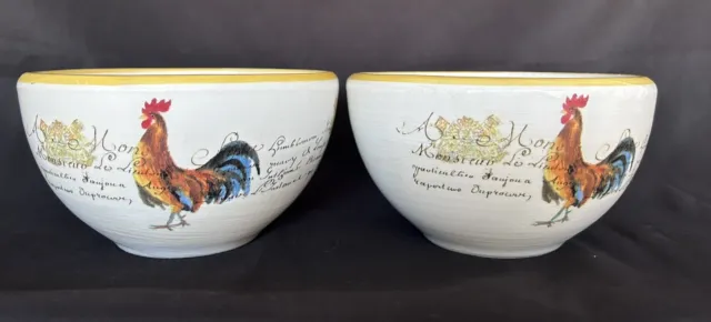 Set Of 2 WILLIAMS SONOMA Rooster Script Soup Cereal Bowls Stoneware