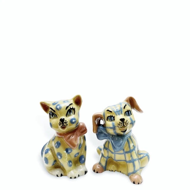 Vintage Ceramic Arts Studio Madison WI Dog & Cat with Bow Salt & Pepper Set