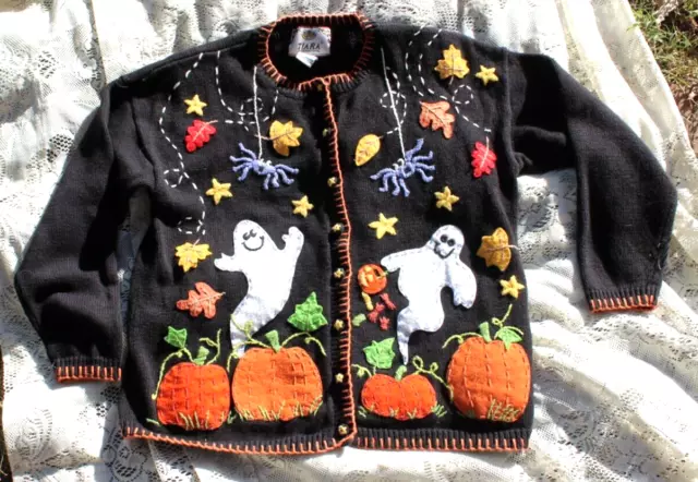 Vintage 1980s Tiara Made in Hong Kong Halloween Oversize Sweater Cardigan Medium