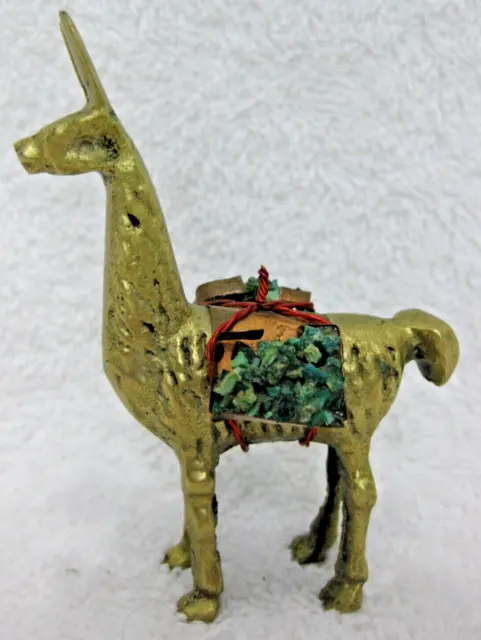 Solid Brass Animal Llama Mini Figurine w/ Hand Made Turquoise Stone Copper Pack