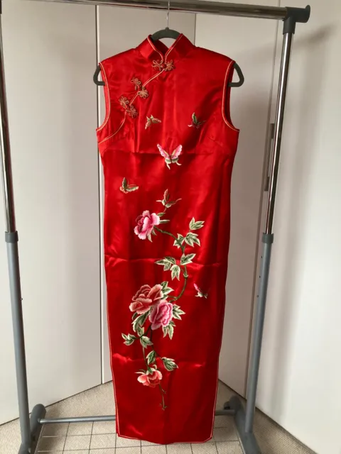 Chinese Cheongsam embroidered long red silk dress UK 8/10