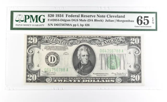 PMG 65 Gem Unc EPQ 1934 $20 Cleveland, OH US FRN Green Seal Fr#2054-Ddgsm *0933