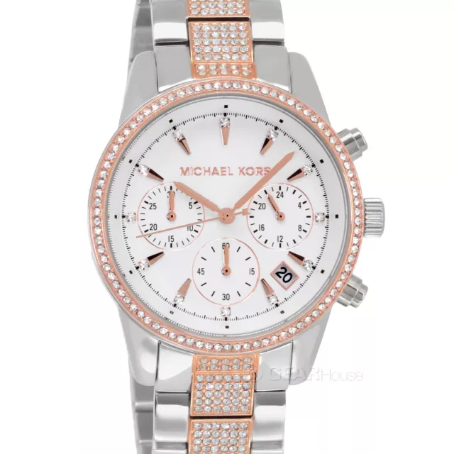 Michael Kors Ritz Womens Pave Glitz Watch, Two-Tone Silver Rose Gold, Crystals