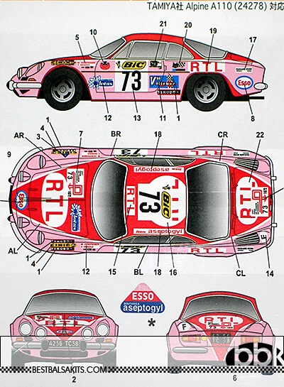 STUDIO 27 RENAULT ALPINE A110 ASEPTOGYL 1973 FEMALE TEAM DECAL for TAMIYA 1/24