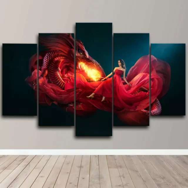 Red Dragon Girl Design Beauty 5 Piece Canvas Wall Art Fantasy Print Home Decor