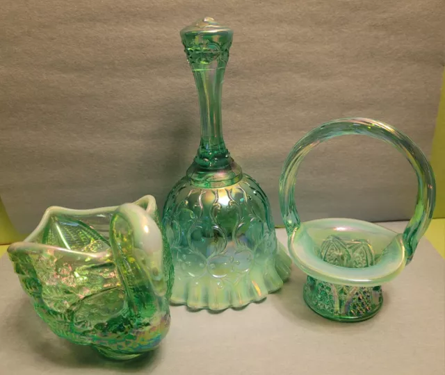 Lot 3 Iridescent Aqua Blue/Green Fenton Bell, Sm. Basket, Swan