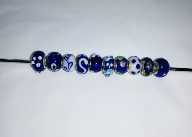 10 Mixed BLUE Hand Made GLASS European Large Hole BEADS Jewellery Making RBA