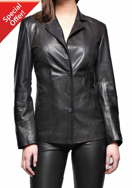 Neuf Femmes Peau D'Agneau Véritable Cuir Blazer Manteau Bouton Noir Doux Jacket