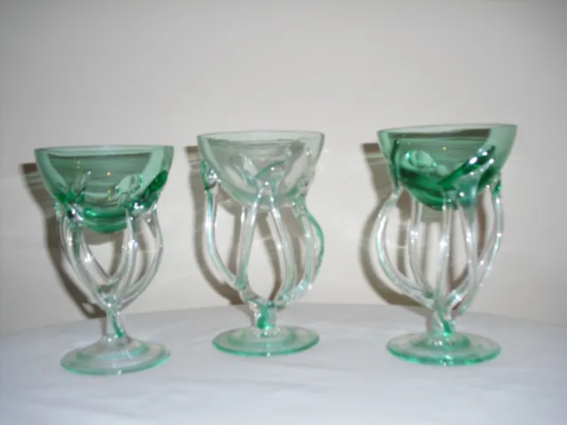 3 Delicate Green Hand Blown Art Glass Goblets - Swirl Green Base - Multi-Stem