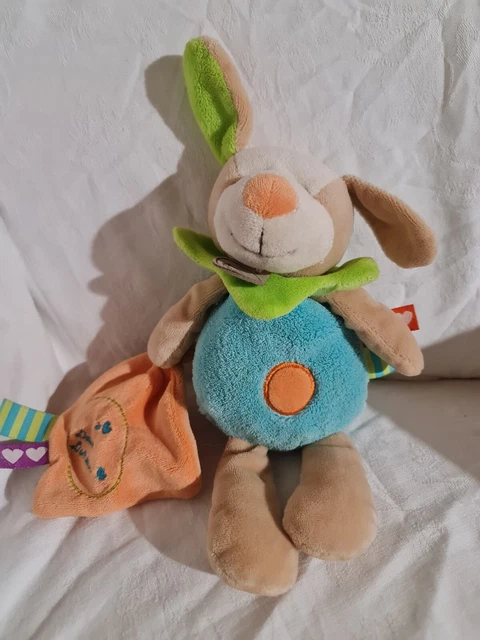 Baby Nat Chien Avec Mouchoir Doudou D'amour Bleu Orange Vert Etiquettes Tbe