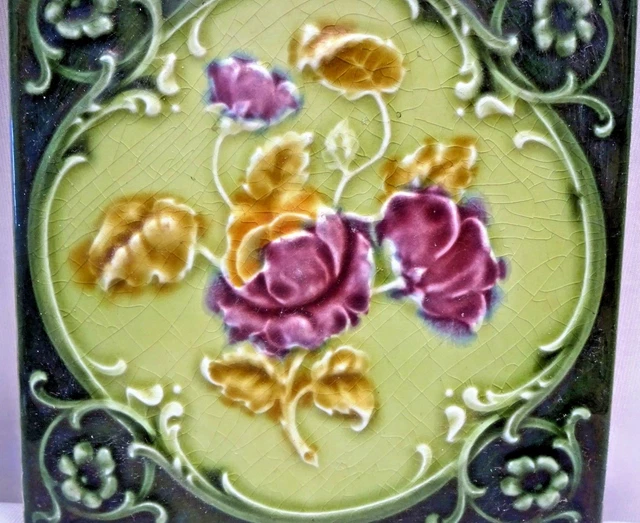 Antique Tile Majolica England Ceramic Rose Flower Purple Green Architecture "126 2