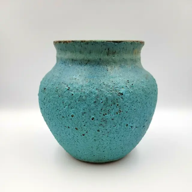 Studio Art Pottery Stoneware Teal Lava Glaze Vase Signed w/ Butterfly Stamp