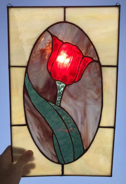 Vintage Handcrafted Stained Glass Window Rose Floral Hanging Art Panel 10”x16”