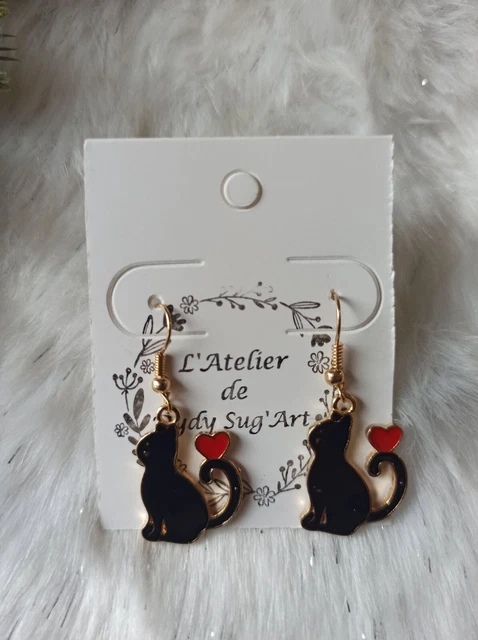 Boucles D'oreilles Pendantes Chat – Acier Inoxydable Et émail – Fait Main – Neuf Avec étiquettes