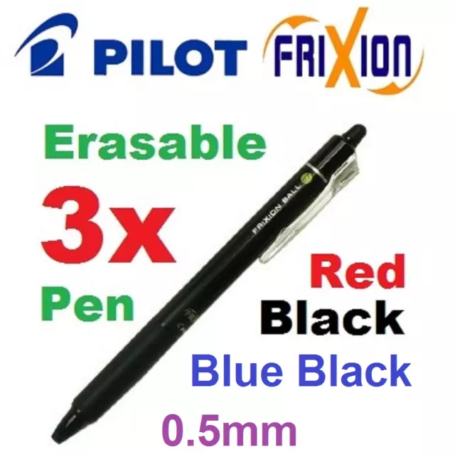3x BLUE BLACK RED FRIXION ERASABLE INK Pilot Japan 0.5 mm Clicker Pen School