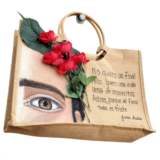 Frida Kahlo Jute Tote Bag Hand Painted Silk Roses Wood Handle NWOT