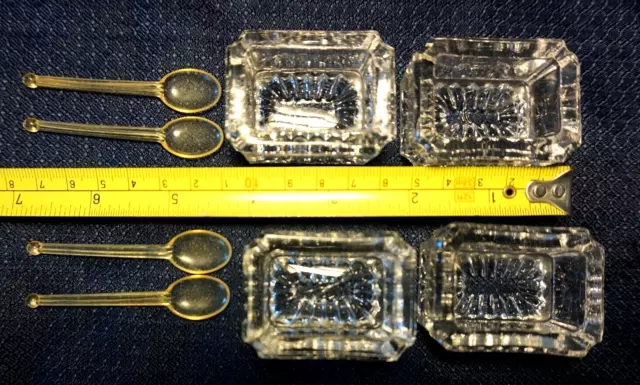 Vintage Lot of 4 Square Salt Cellars Open Cut Glass Clear with 4 spoons