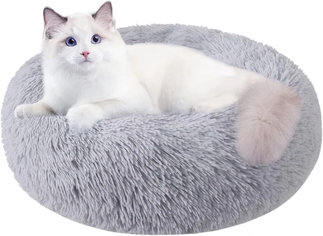Donut Plush Pet Dog Cat Bed Fluffy Soft Warm Puppy Calming Bed Kennel Nest, Grey
