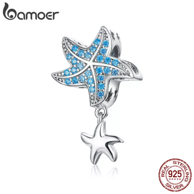 BAMOER European Blue CZ Seestern S925 Sterling Silber Space Charm Fit Armband