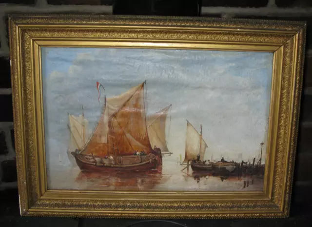 Original Oil Painting Antique Vintage Ship Boats Harbour Sea Texture Canvas Boat