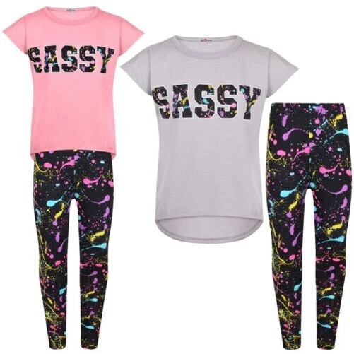 Top Bambina Maniche Corte Sassy Stampa Splash Canottiera T Shirt & Set Leggings