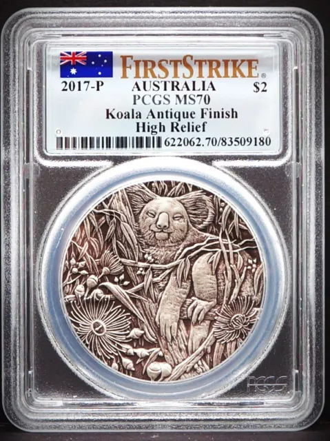 2017P $2 Australia Koala Antique Finish High Relief 2oz .9999 Silver PCGS MS70