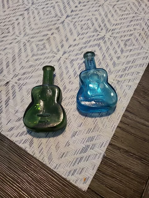 2 VINTAGE MINIATURE GREEN And BLUE GLASS GUITAR BOTTLES 3" Wheaton Made