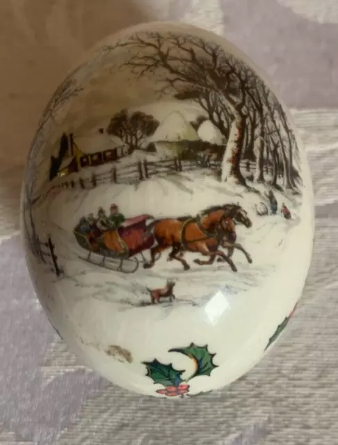 Vintage The Egg Lady Hand Painted Porcelin Egg Christmas Sleigh Ride Theme