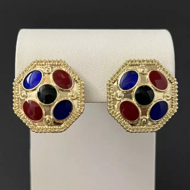 Clip On Earrings Gold Tone Blue Black Enamel Vtg Byzantine Revival
