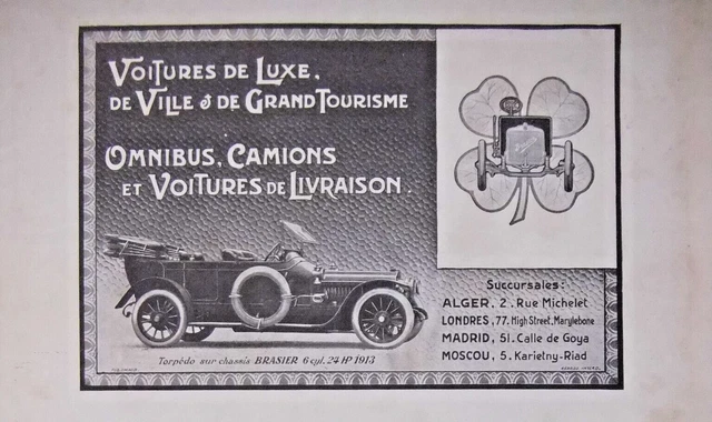 Publicité De Presse 1913 Automobile Brasier Torpedo 24 Hp 6 Cyl Omnibus Camion