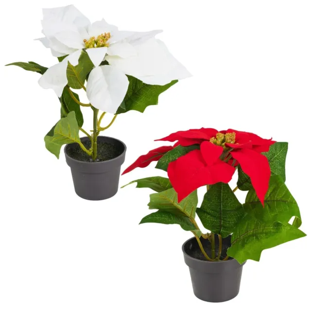 Artificial Realistic Indoor Poinsettia Flower Leaves Plant Pot Christmas Decor