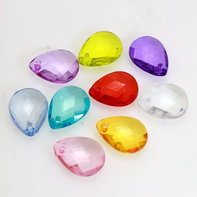 100 Mixed Color Transparent Acrylic Faceted TearDrop Pendants 17mm Top Hole Bead