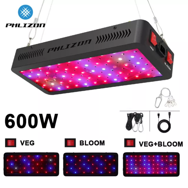 PHLIZON 600W Double Switch LED Grow Light Full Spectrum For Indoor Plants Hydro