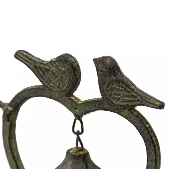 Cast Iron Heart Ornament With Birds And Bell Verdigris 3