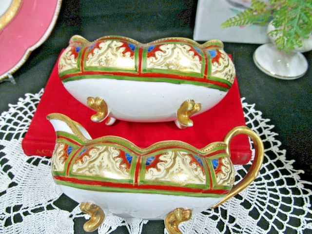 Nippon creamer and sugar holder footed painted beaded gold gilt Japan 1920s 3