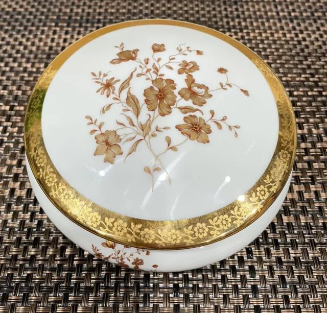 Vintage CASTEL LIMOGES France Bone China Gold FLOWERS Round Shape Trinket Box