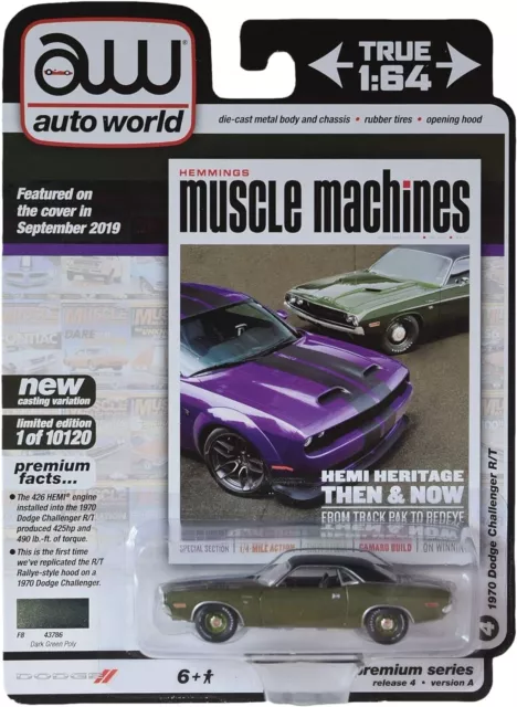 Auto World Hemmings 1970 Dodge Challenger R/T Dark Green Poly 1/64 Muscle Car