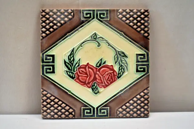Antique Tile Japan Majolica Art Nouveau Ceramic Two Rose Flower Design Rare"S145